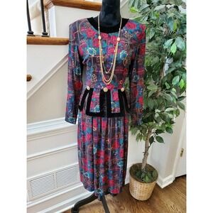 M.H.M. Vintage Multicolor Rayon Long Sleeve Round Neck Knee Length Dress Size 10